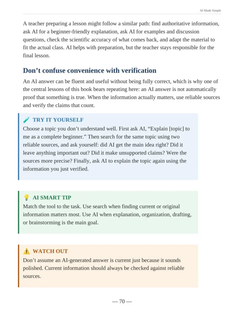 AI Made Simple ebook interior page showing Try It Yourself, AI Smart Tip and Watch Out sections